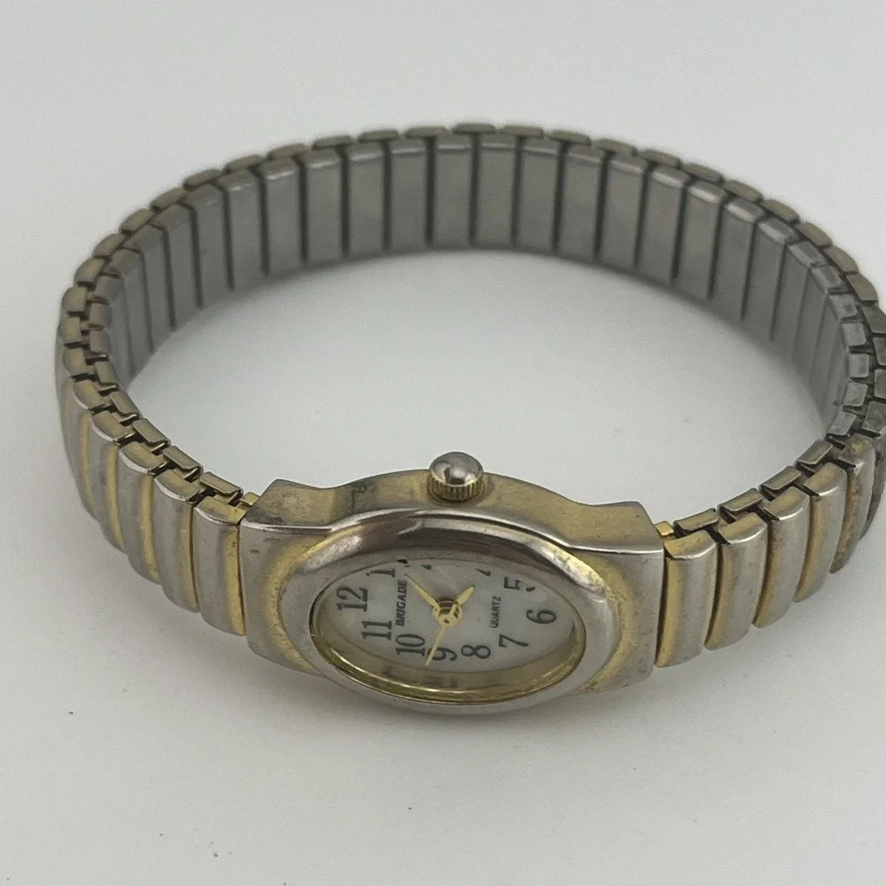 Vintage Brigade Watch Women 18mm Gold‎ Case Pearl Dial Stretch Band- New Battery